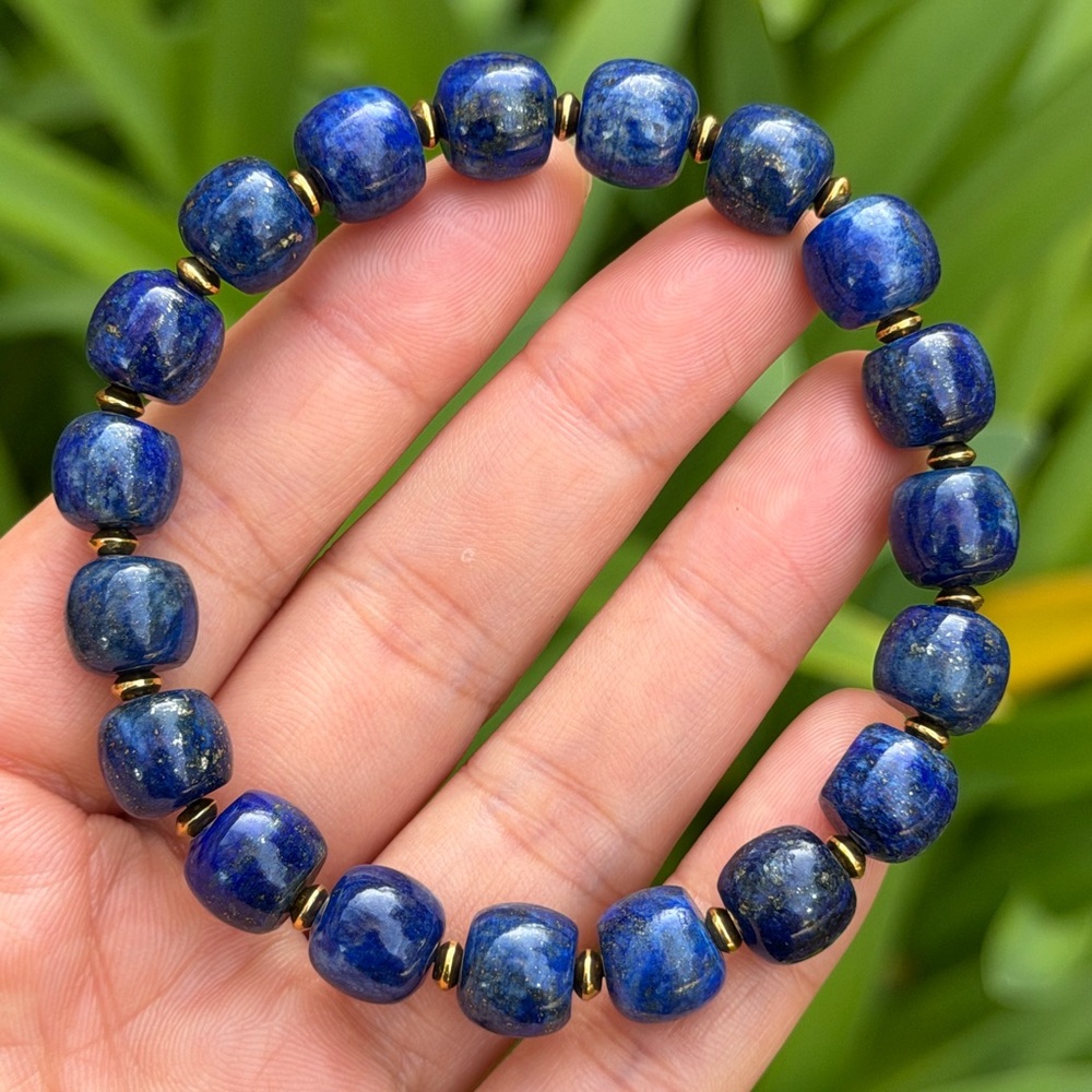 10mm stretchable stainless steel‎ blue lapis barrel shape bracelet 0808